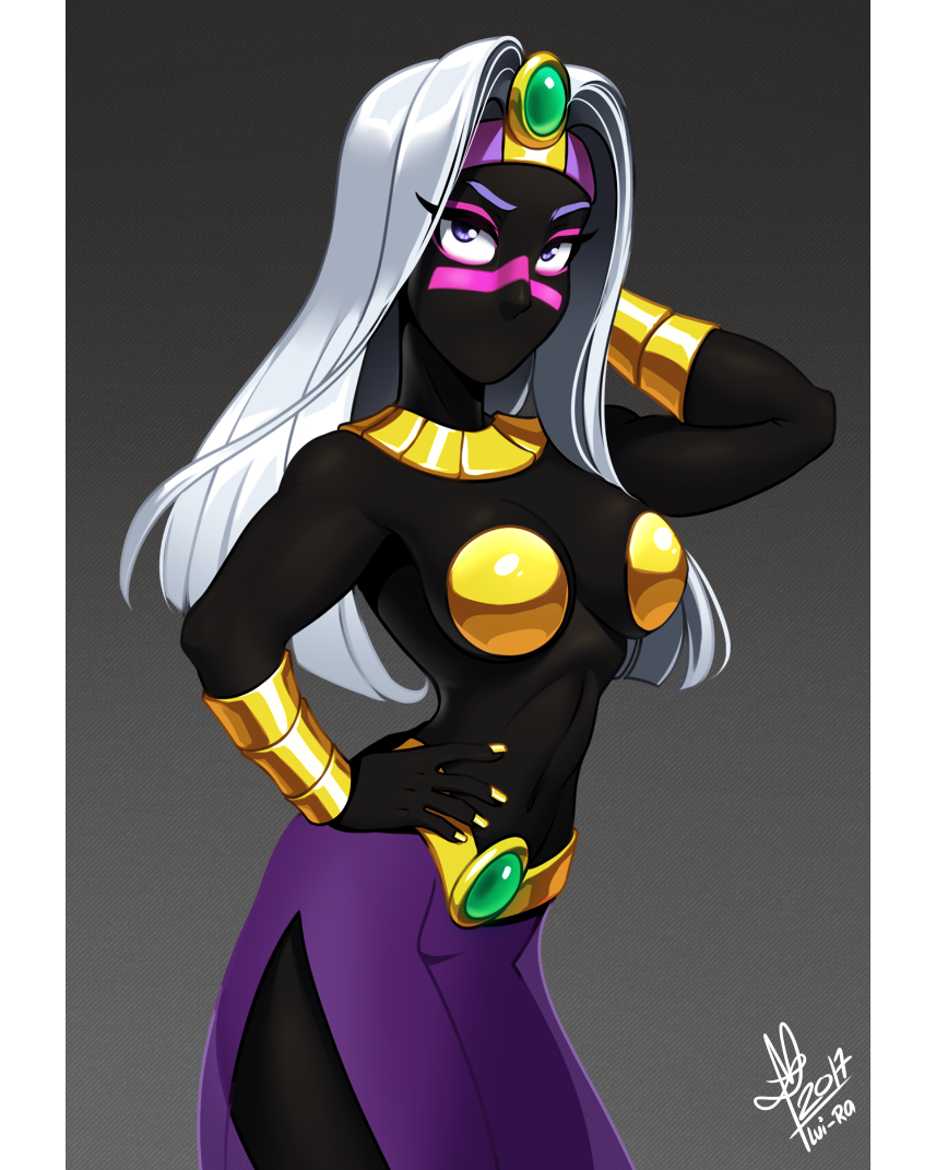 2017 alien breasts colored_nails duck_dodgers female gold_(metal) hair lui-ra pose purple_eyes queen_tyr'ahnee solo white_hair