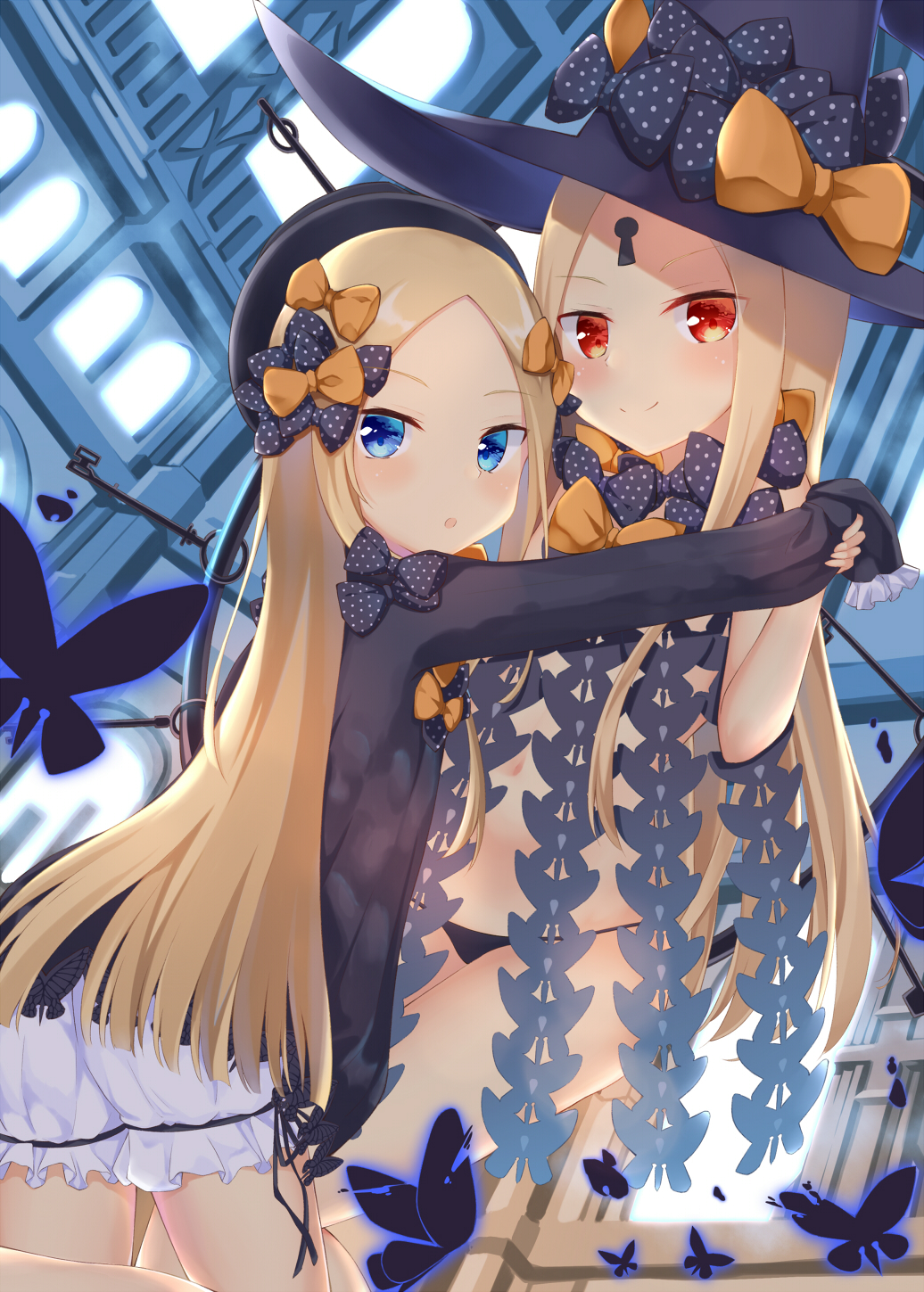 :o abigail_williams_(fate/grand_order) aroma0501 bangs black_bow black_dress black_hat black_panties blonde_hair bloomers blue_eyes blush bow bug butterfly closed_mouth commentary_request dress dual_persona dutch_angle eyebrows_visible_through_hair fate/grand_order fate_(series) forehead hair_bow hat hat_bow highres holding_hands indoors insect key keyhole long_hair long_sleeves looking_at_viewer looking_back multiple_girls navel orange_bow panties parted_bangs parted_lips polka_dot polka_dot_bow red_eyes revealing_clothes sleeves_past_fingers sleeves_past_wrists smile underwear very_long_hair white_bloomers witch_hat