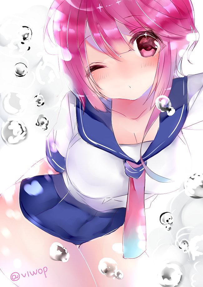 blush breasts bubble cleavage closed_mouth collarbone commentary eyebrows_visible_through_hair i-58_(kantai_collection) kantai_collection large_breasts looking_at_viewer one_eye_closed pink_eyes pink_hair school_swimsuit school_uniform short_hair simple_background solo swimsuit swimsuit_under_clothes twitter_username viwop white_background