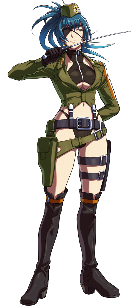 alternate_costume belt black_gloves black_panties blue_hair boots breasts earrings eyepatch garrison_cap gloves hat holding_whip holster jewelry leona_heidern medium_breasts military military_hat military_uniform no_pants official_art ogura_eisuke panties riding_crop simple_background snk snk_heroines:_tag_team_frenzy solo the_king_of_fighters thigh_boots thigh_holster thigh_strap thighhighs underboob underwear uniform whip
