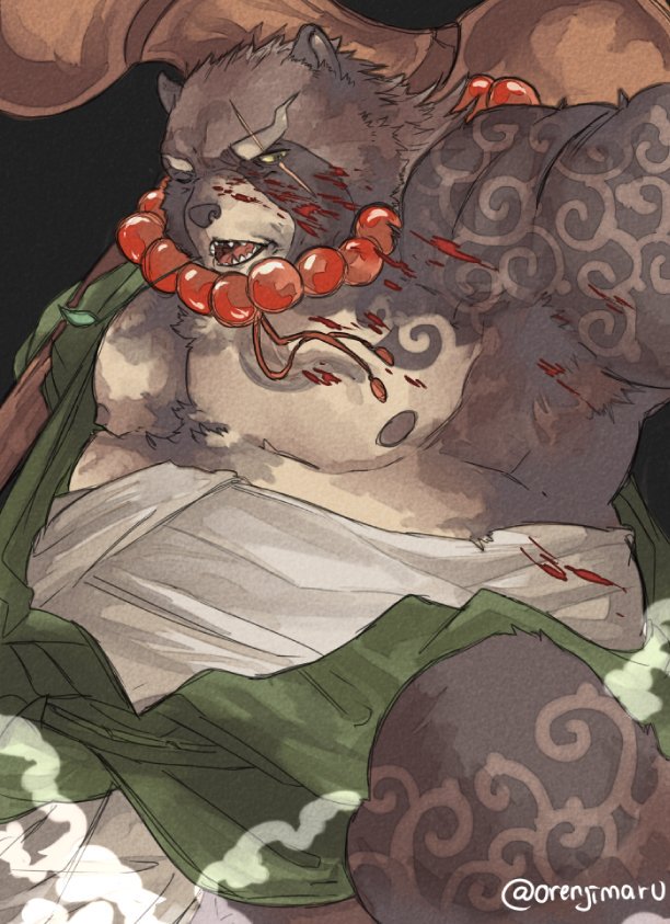 anthro belly big_belly big_muscles blood canine clothed clothing fundoshi gyobu hammer japanese_clothing jewelry male mammal musclegut muscular muscular_male necklace nipples orenjimaru overweight overweight_male robe scar solo tanuki tattoo tokyo_afterschool_summoners tools underwear