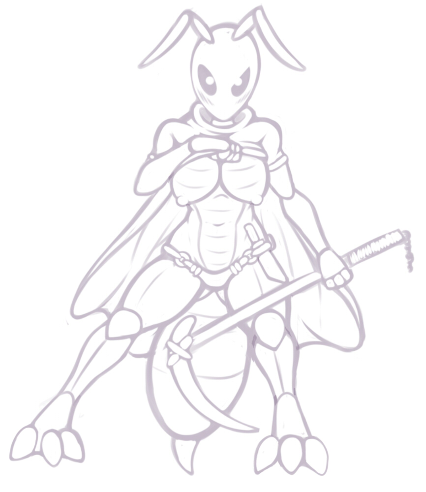3_fingers 3_toes arthropod bee blush breasts clothed clothing clothing_lift dagger female hollow_knight insect insect_wings kurtassclear melee_weapon monochrome nipples panties polearm polleen presenting presenting_breasts scythe shirt shirt_lift simple_background solo toes underwear weapon white_background wings