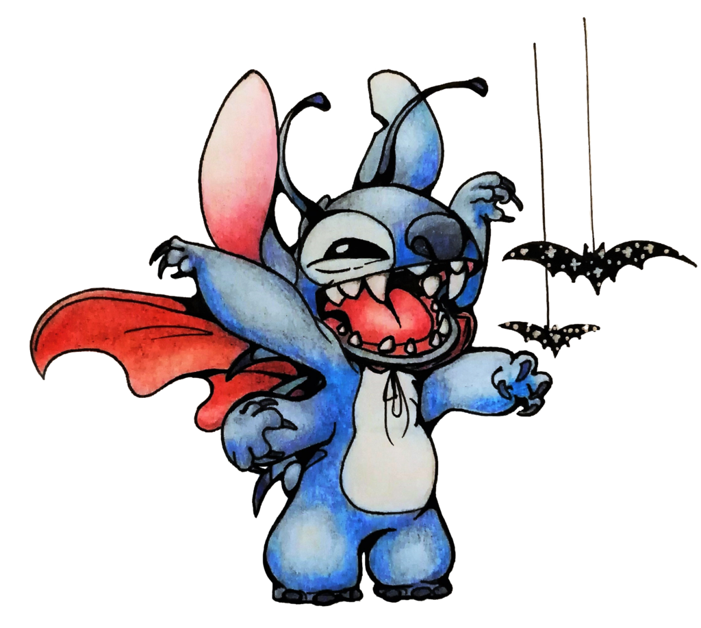 2016 4_arms 4_fingers alien alpha_channel antennae back_markings back_spines bat black_eyes blue_claws blue_fur blue_nose cape chest_tuft claws clothing cosplay dipstick_antennae disney experiment_(species) fur halloween head_tuft holidays lilo_and_stitch maknaru mammal markings multi_arm multi_limb notched_ear open_mouth open_smile raised_arm simple_background small_tail smile squint standing stitch traditional_media_(artwork) transparent_background tuft