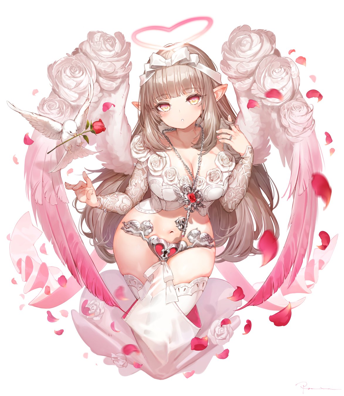 :o angel angel_wings bangs bird blunt_bangs blush bow breasts brown_hair chain chastity_belt cleavage collarbone crop_top dove eyebrows_visible_through_hair falling_petals feathered_wings fingernails floral_print flower gradient_eyes gradient_wings hair_bow hair_twirling halo hand_up head_tilt heart heart-shaped_pupils highres jewelry key key_necklace keyhole large_breasts long_hair long_sleeves looking_at_viewer motion_blur multicolored multicolored_eyes multicolored_wings navel necklace original petals pink_eyes pink_wings pointy_ears red_flower red_rose ring rose rose_petals rose_print ryota_(ry_o_ta) shiny shiny_hair shirt sidelocks silver_trim stomach symbol-shaped_pupils thighhighs very_long_hair white_bow white_flower white_legwear white_rose white_shirt white_wings wings yellow_eyes