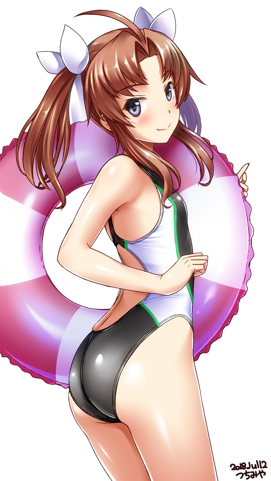 ahoge alternate_costume artist_name ass back bare_arms bare_shoulders black_swimsuit blush brown_hair competition_swimsuit dated eyebrows_visible_through_hair flat_chest hair_ribbon highres innertube kagerou_(kantai_collection) kantai_collection long_hair looking_at_viewer one-piece_swimsuit purple_eyes remodel_(kantai_collection) ribbon simple_background smile solo standing swimsuit tsuchimiya twintails white_background white_ribbon