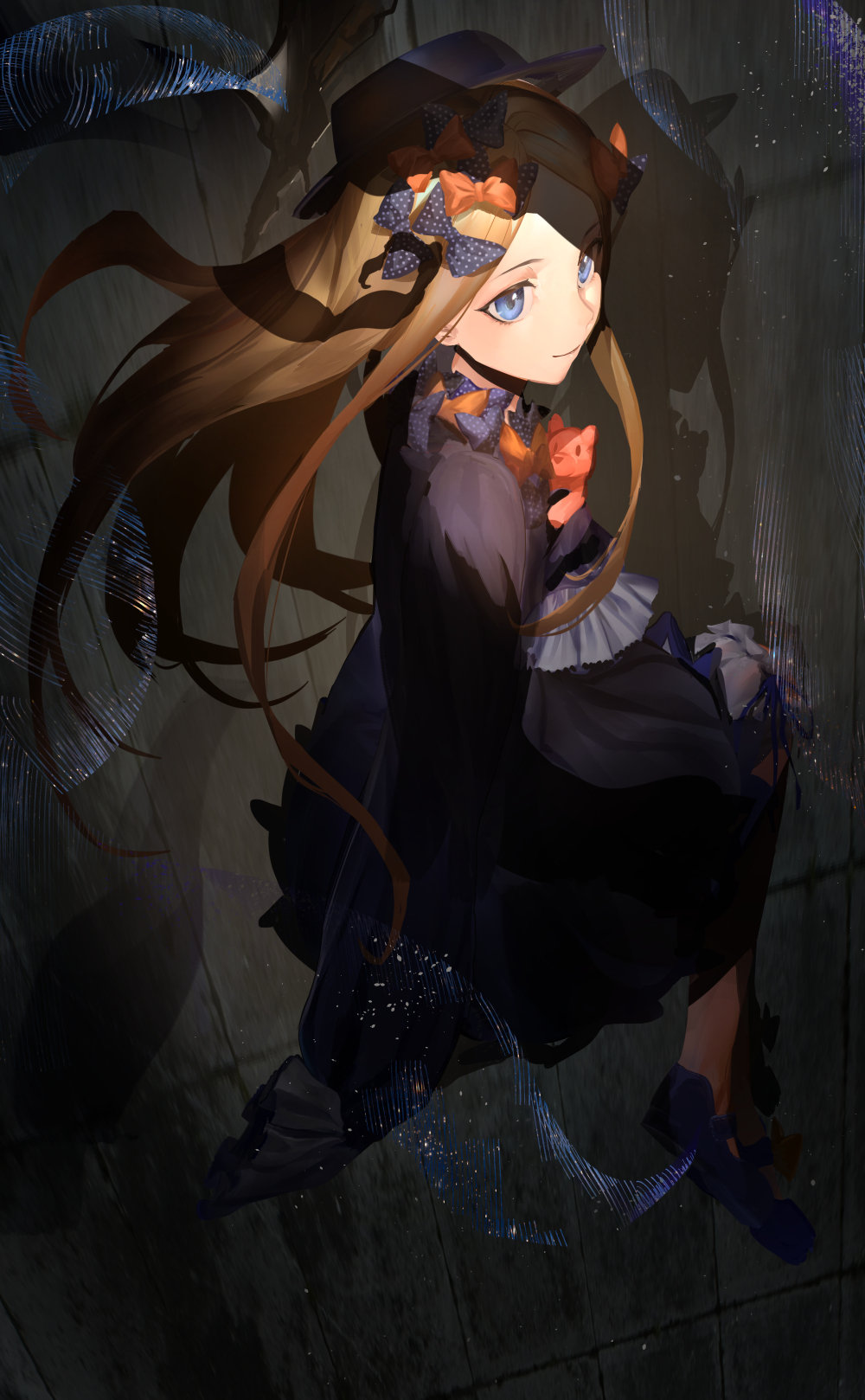 abigail_williams_(fate/grand_order) bangs black_bow black_dress black_footwear black_hat blonde_hair bloomers blue_eyes bow bug butterfly closed_mouth dress fate/grand_order fate_(series) forehead hair_bow hat highres insect long_hair long_sleeves looking_at_viewer looking_back nuda object_hug orange_bow parted_bangs pixiv_fate/grand_order_contest_2 polka_dot polka_dot_bow shoes sleeves_past_fingers sleeves_past_wrists smile solo stuffed_animal stuffed_toy teddy_bear underwear very_long_hair white_bloomers