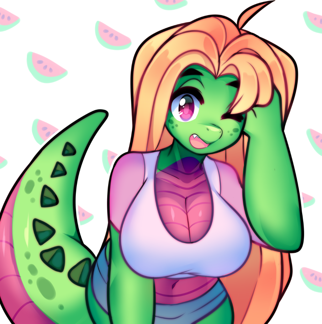 2018 alligator anthro blonde_hair breasts cleavage clothed clothing crocodilian digital_media_(artwork) female hair long_hair looking_at_viewer matz non-mammal_breasts one_eye_closed open_mouth raikissu reptile scalie solo wink