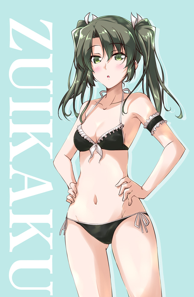 arm_strap bikini black_bikini blue_background blush breasts character_name cleavage collarbone cowboy_shot eyebrows_visible_through_hair green_eyes green_hair groin hair_between_eyes hair_ribbon hands_on_hips kantai_collection long_hair looking_at_viewer mikage_takashi navel open_mouth ribbon shiny shiny_hair side-tie_bikini small_breasts solo standing swimsuit twintails white_ribbon zuikaku_(kantai_collection)