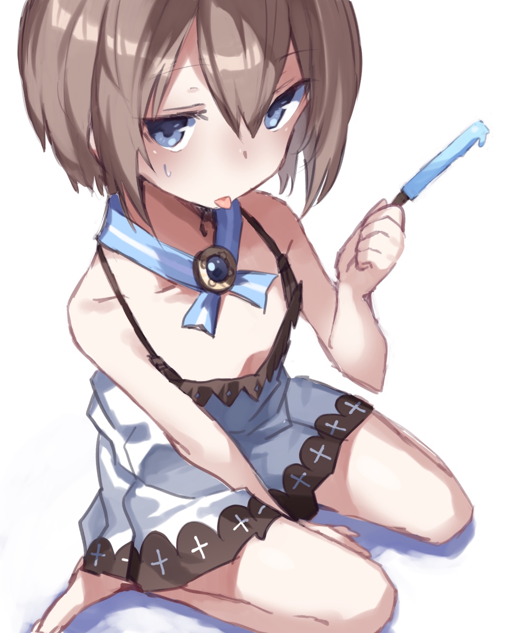 bare_legs bare_shoulders barefoot between_legs blanc blancpig_yryr blue_eyes breasts brown_hair cleavage commentary_request dress food from_above hair_between_eyes hand_between_legs highres looking_at_viewer neptune_(series) popsicle seiza short_hair simple_background sitting small_breasts solo spaghetti_strap sweatdrop tongue tongue_out white_background white_dress