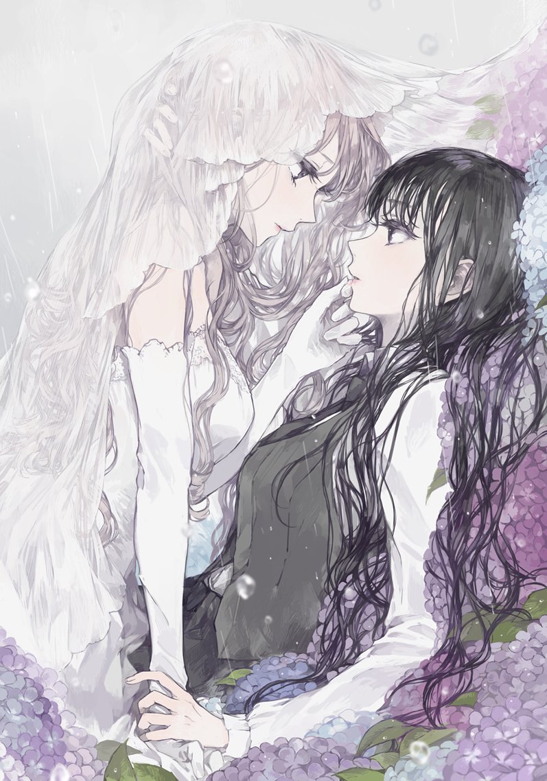 bangs bare_shoulders black_hair bridal_veil brown_hair commentary_request dress elbow_gloves finger_to_another's_mouth flower from_side gloves kakmxxxny06 long_hair long_sleeves looking_at_another multiple_girls original profile purple_flower rain upper_body veil wedding_dress white_dress white_gloves yuri
