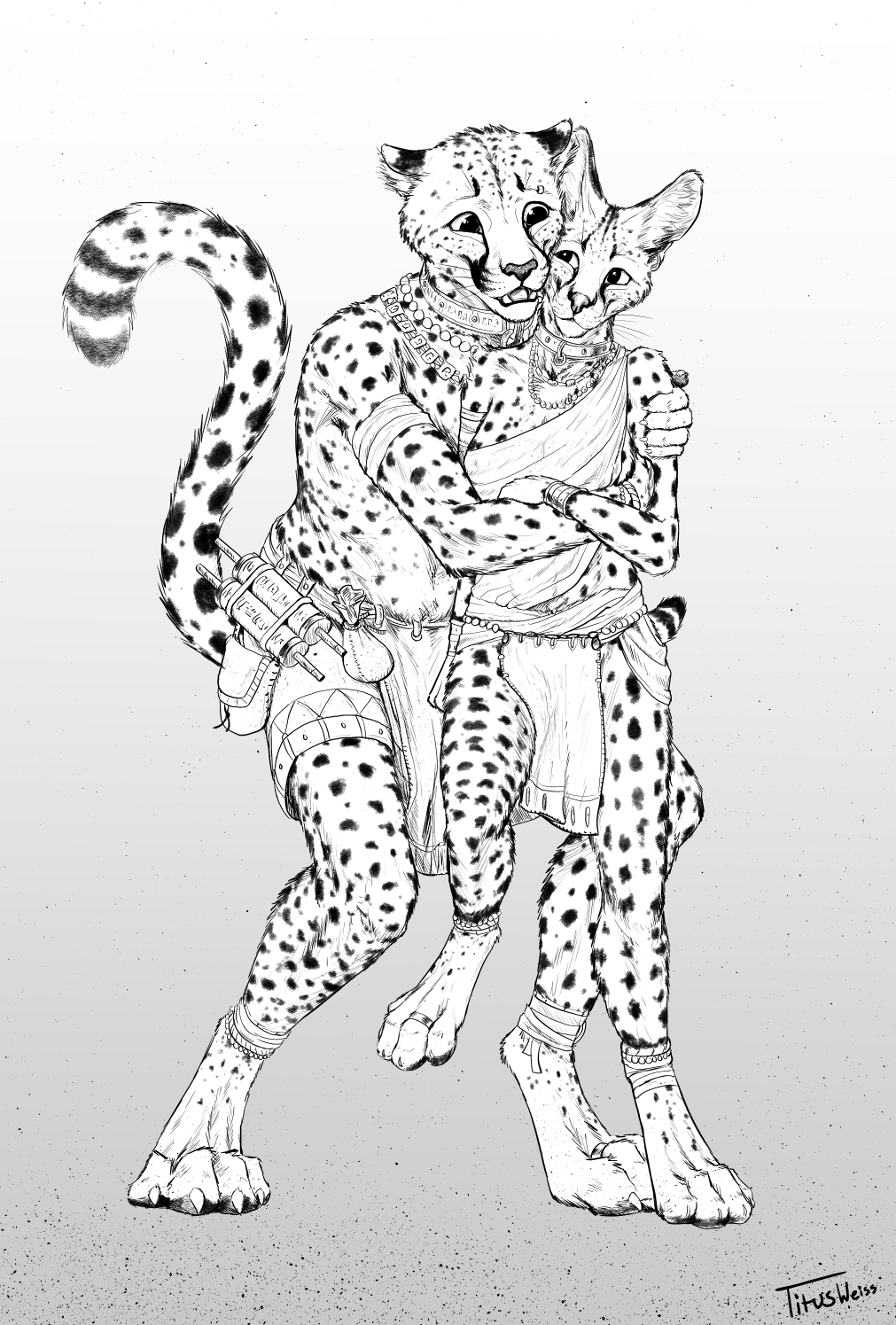 anthro cheetah clothed clothing collar digitigrade duo feline female greyscale hindpaw hug jewelry loincloth mammal monochrome paws scroll serval size_difference smile titusw topless whiskers