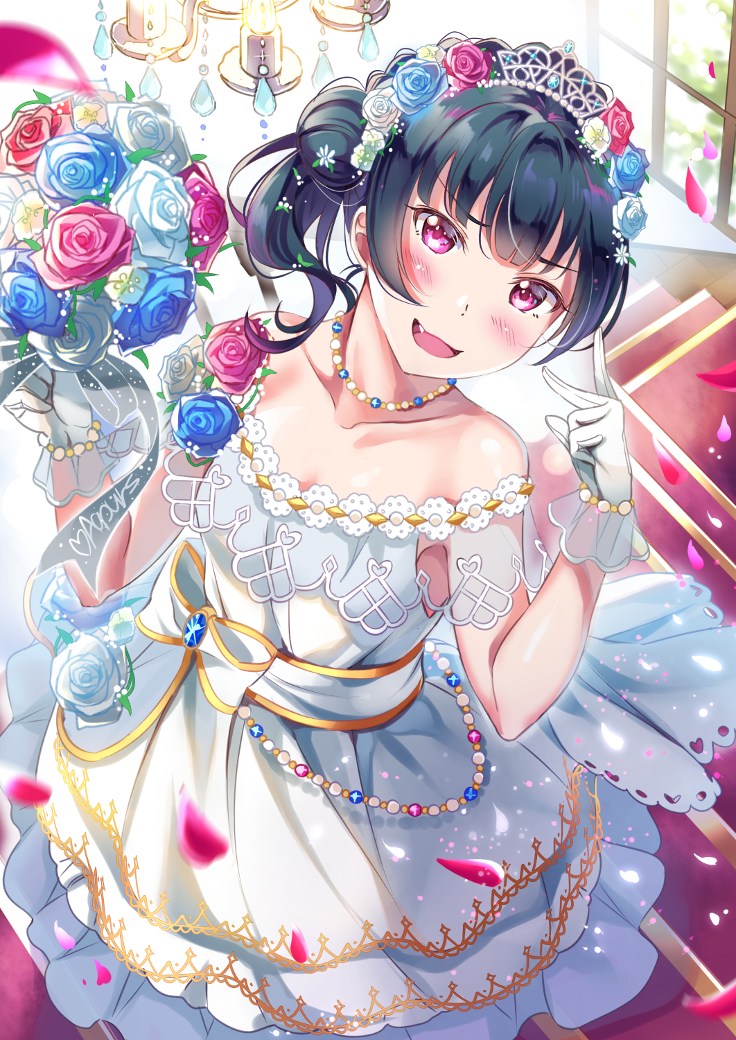 :d alternate_hairstyle bangs bare_shoulders black_hair blue_flower blue_hair blue_rose blush bouquet bracelet chandelier collarbone commentary_request dress fang flower gloves group_name hair_flower hair_ornament highres holding holding_bouquet jewelry looking_at_viewer love_live! love_live!_sunshine!! necklace open_mouth petals pink_flower pink_rose purple_eyes red_flower red_rose rose sash side_bun side_ponytail smile solo tiara tipii tsushima_yoshiko v white_flower white_gloves white_rose window