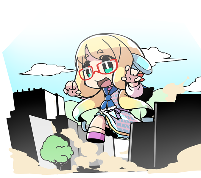 blonde_hair bright_pupils building chibi claw_pose cloud dress giantess glasses gradient_hair green_eyes haruno_sora long_hair long_sleeves moyasiwhite multicolored_hair open_mouth plaid red-framed_eyewear skyscraper smile solo stomping very_long_hair vocaloid voiceroid