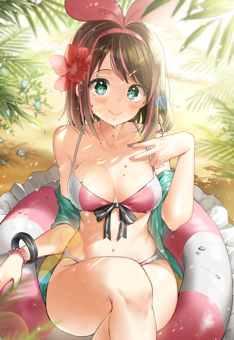 a.i._channel aqua_eyes bangs beach bikini black_bow blue_flower blurry blush bow bracelet breasts brown_hair cleavage closed_mouth collarbone dappled_sunlight day flower foliage front-tie_top green_eyes h_shai hair_flower hair_ornament hibiscus innertube jewelry kizuna_ai looking_at_viewer multicolored_hair nail_polish navel ocean outdoors palm_tree pink_bikini pink_hair pink_headband pink_nails plant red_flower shadow short_hair sitting smile striped striped_bow sunlight swept_bangs swimsuit tree two-tone_hair v virtual_youtuber water wet white_bikini wide_hips