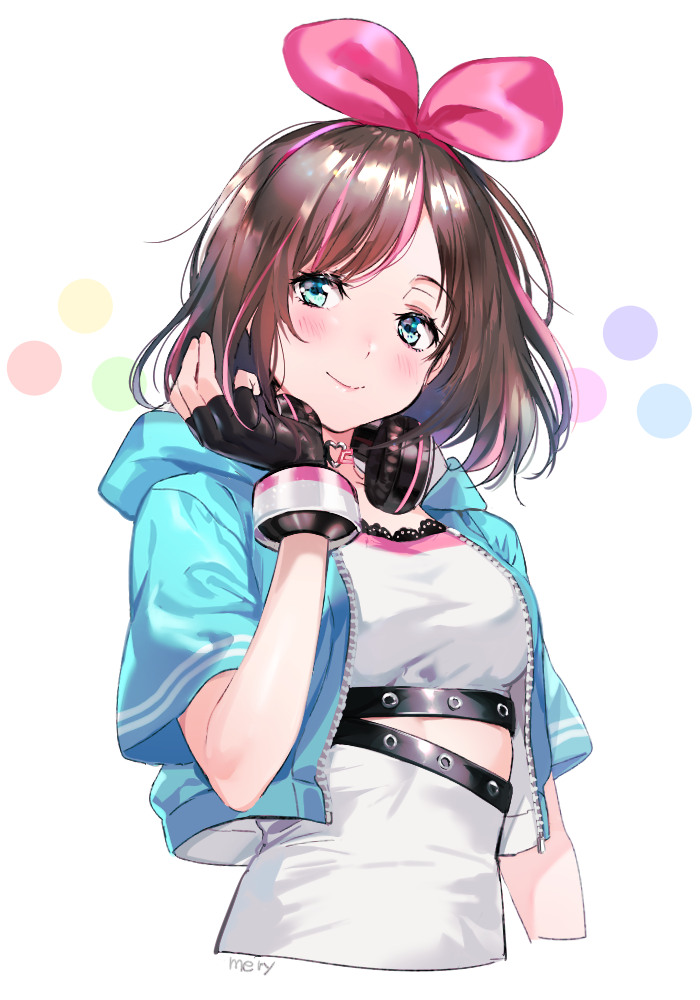 a.i._channel aqua_jacket artist_name bangs black_gloves blush bow closed_mouth commentary_request cropped_jacket fingerless_gloves gloves green_eyes hairband hand_up headphones headphones_around_neck hood hooded_jacket jacket kizuna_ai korean_commentary lace looking_at_viewer mery_(apfl0515) multicolored_hair pink_bow pink_hair pink_hairband pink_ribbon ribbon shirt short_sleeves smile streaked_hair swept_bangs two-tone_hair upper_body virtual_youtuber white_shirt