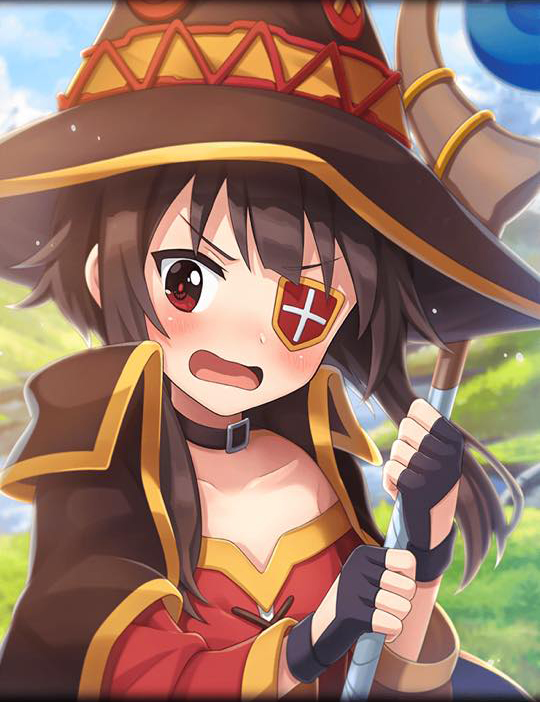 artist_request blush brown_hair cape collarbone dress eyepatch fingerless_gloves gloves grass hat holding holding_staff kono_subarashii_sekai_ni_shukufuku_wo! megumin official_art open_mouth phantom_of_the_kill red_dress red_eyes short_hair_with_long_locks staff v-shaped_eyebrows witch_hat