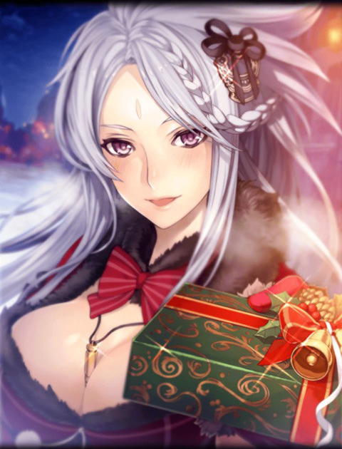 between_breasts black_fur blush bow braid breasts brionac_(phantom_of_the_kill) christmas_present christmas_wreath city cleavage facial_mark forehead_mark fur_collar gloves hair_ornament huge_breasts jewelry long_hair necklace official_art open_mouth phantom_of_the_kill purple_eyes red_gloves silver_hair smile snow