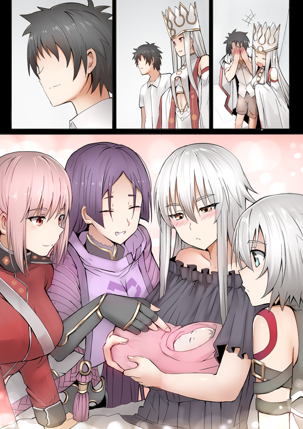5girls baby baby_carry black_hair blush comic commentary covering_face crown dress_of_heaven eyebrows_visible_through_hair faceless faceless_male fate/grand_order fate_(series) fingerless_gloves florence_nightingale_(fate/grand_order) fujimaru_ritsuka_(male) ginhaha gloves grin hair_between_eyes irisviel_von_einzbern jack_the_ripper_(fate/apocrypha) jeanne_d'arc_(alter)_(fate) jeanne_d'arc_(fate)_(all) long_hair midriff minamoto_no_raikou_(fate/grand_order) mother_and_son multiple_boys multiple_girls pink_hair purple_hair red_eyes short_hair silent_comic silver_hair smile