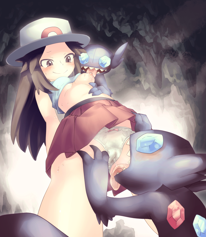 1girl blue_(pokemon) breasts brown_eyes brown_hair cameltoe hat nipples one_breast_out open_mouth panties pokemon pokemon_(creature) pokemon_(game) pokemon_frlg pubic_hair pussy_juice pussy_juice_stain red_skirt sableye saliva see-through sharp_teeth shirt_lift skirt skirt_lift smile standing sweat teeth tongue underwear white_panties