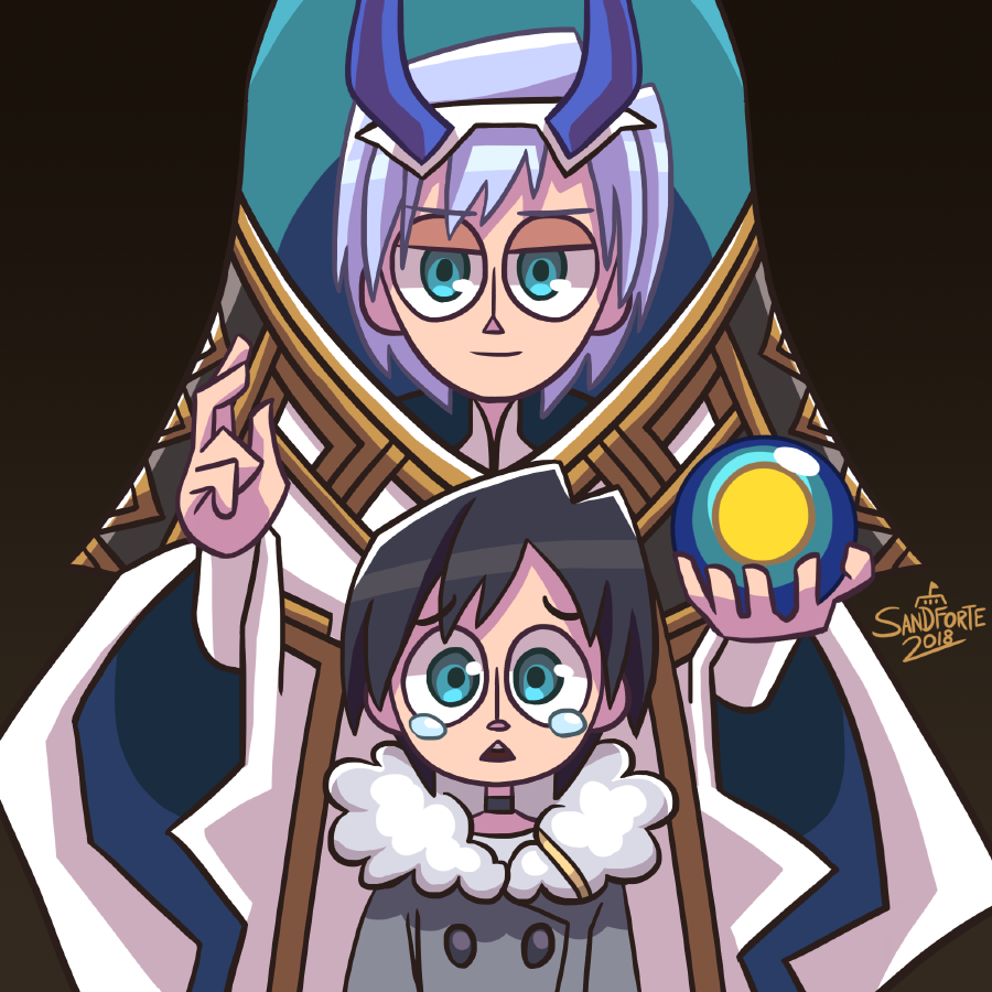 2boys black_hair blue_eyes blue_horns coat commentary_request darling_in_the_franxx eyebrows_visible_through_hair fur_trim grey_coat hair_ornament hairband hiro_(darling_in_the_franxx) holding horns light_blue_hair looking_at_viewer male_focus multiple_boys oni_horns papa_(darling_in_the_franxx) sandforte short_hair signature tears white_hairband winter_clothes winter_coat