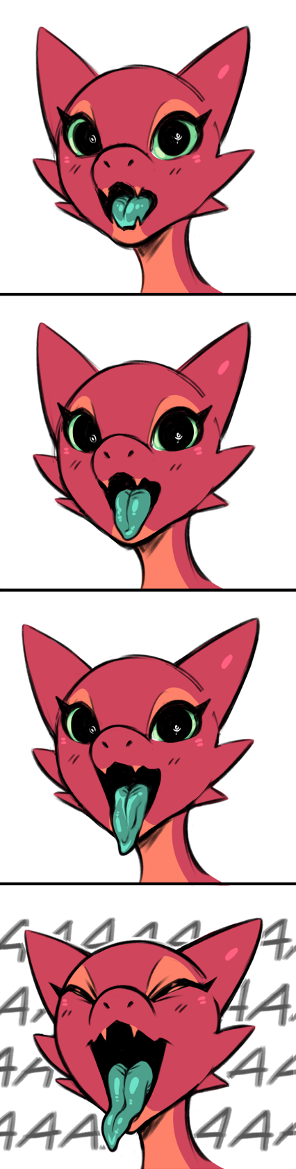2018 aaaaaaaaaaa ambiguous_gender blue_tounge comic cute eyelashes eyes_closed fangs green_sclera headshot_portrait kobold long_tongue looking_at_viewer meme open_mouth portrait red_skin reptile scalie screaming simple_background solo sorcerushorserus text tongue tongue_out white_background yelling