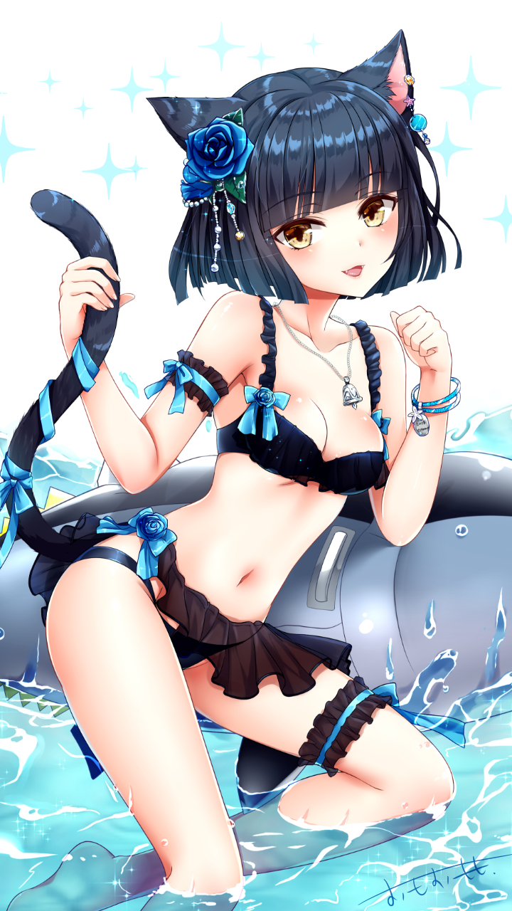 :d animal_ears arm_garter bangs bare_shoulders barefoot bikini black_bikini black_hair blue_bow blue_flower blue_ribbon blue_rose blunt_bangs blush bow breasts brown_eyes cat_ears cat_girl cat_tail cleavage collarbone eyebrows_visible_through_hair fangs fingernails flower hair_flower hair_ornament hands_up highres inflatable_fish inflatable_toy jewelry leg_garter looking_at_viewer medium_breasts navel omoomomo open_mouth original pendant ribbon rose short_hair signature smile solo sparkle star swimsuit tail tail_grab tail_ribbon water white_background