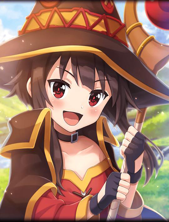 artist_request blush brown_hair cape choker dress fingerless_gloves gloves grass hat holding holding_staff kono_subarashii_sekai_ni_shukufuku_wo! looking_at_viewer megumin official_art open_mouth phantom_of_the_kill red_dress red_eyes short_hair_with_long_locks smile staff witch_hat