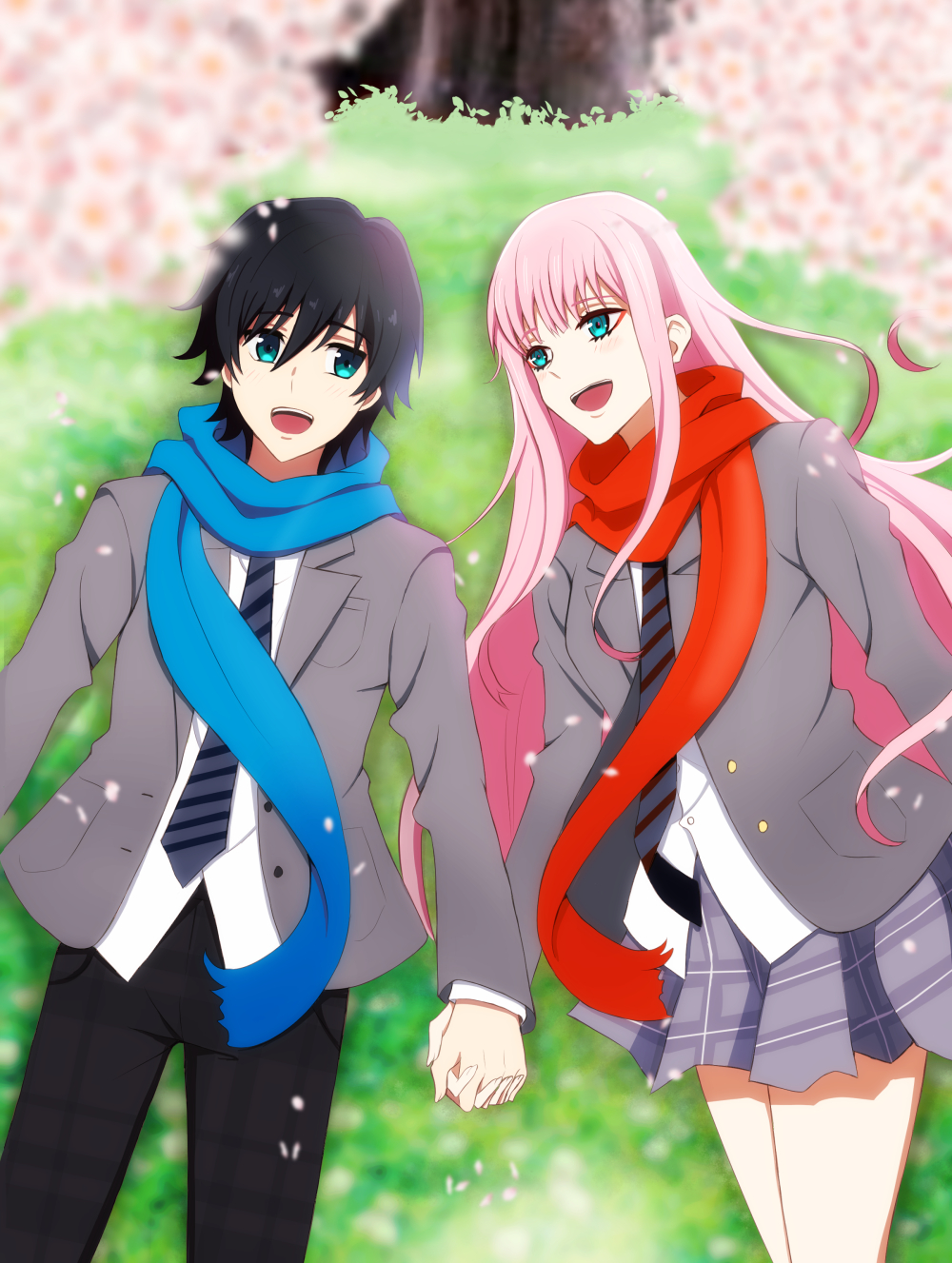 1girl bangs black_hair black_pants blazer blue_eyes blue_scarf blush cherry_blossoms commentary_request couple darling_in_the_franxx eyebrows_visible_through_hair flower grass green_eyes grey_jacket grey_neckwear grey_skirt hetero highres hiro_(darling_in_the_franxx) holding_hands interlocked_fingers jacket long_hair long_sleeves looking_at_another lying mi_(dxmp2445) necktie on_back open_blazer open_clothes open_jacket open_mouth pants petals pink_hair plaid plaid_pants plaid_skirt red_scarf scarf school_uniform shirt skirt striped striped_neckwear thighs tree white_shirt zero_two_(darling_in_the_franxx)
