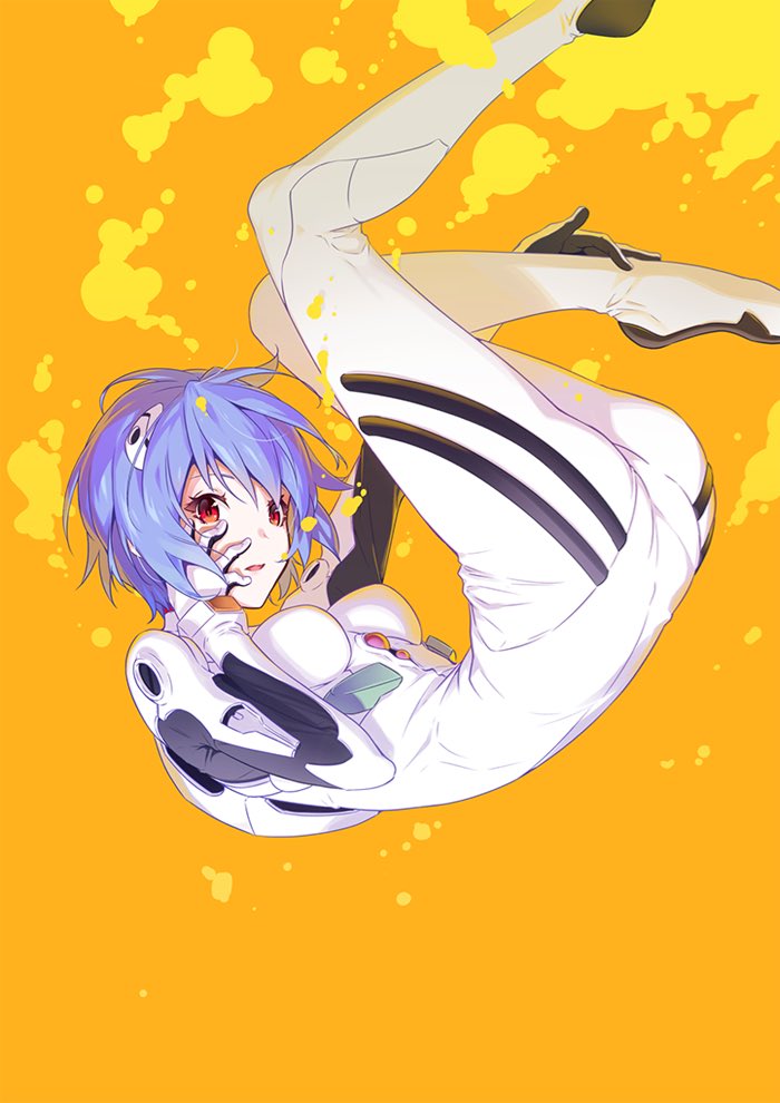 ass ayanami_rei bangs blue_hair bodysuit bracer breasts bubble commentary_request from_side full_body gloves hand_on_ankle hand_on_own_cheek hand_on_own_face headgear kneepits lcl legs looking_at_viewer neon_genesis_evangelion nilitsu orange_background pale_skin parted_lips pilot_suit plugsuit red_eyes short_hair sideways_glance simple_background skin_tight skinny small_breasts submerged white_bodysuit