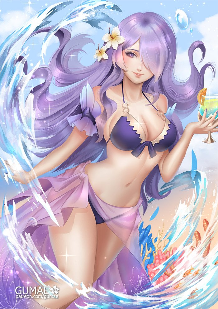 alcohol alternate_costume armlet bare_shoulders bikini breasts camilla_(fire_emblem_if) cleavage collarbone commentary cup drink drinking_glass english_commentary fire_emblem fire_emblem_heroes fire_emblem_if flower food fruit glass gumae hair_flower hair_ornament hair_over_one_eye halterneck holding holding_cup large_breasts lips long_hair looking_at_viewer navel patreon_username purple_bikini purple_eyes purple_hair sarong summer swimsuit wavy_hair