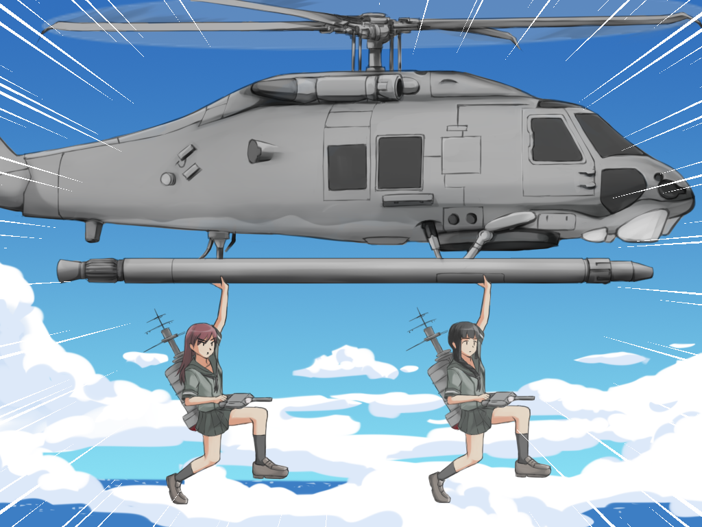 aircraft anatamo bangs black_hair blunt_bangs braid brown_hair commentary_request contra contra_iii_the_alien_wars hair_over_shoulder helicopter kantai_collection kitakami_(kantai_collection) long_hair missile multiple_girls neckerchief ooi_(kantai_collection) parody rigging school_uniform serafuku sidelocks single_braid straight_hair weapon