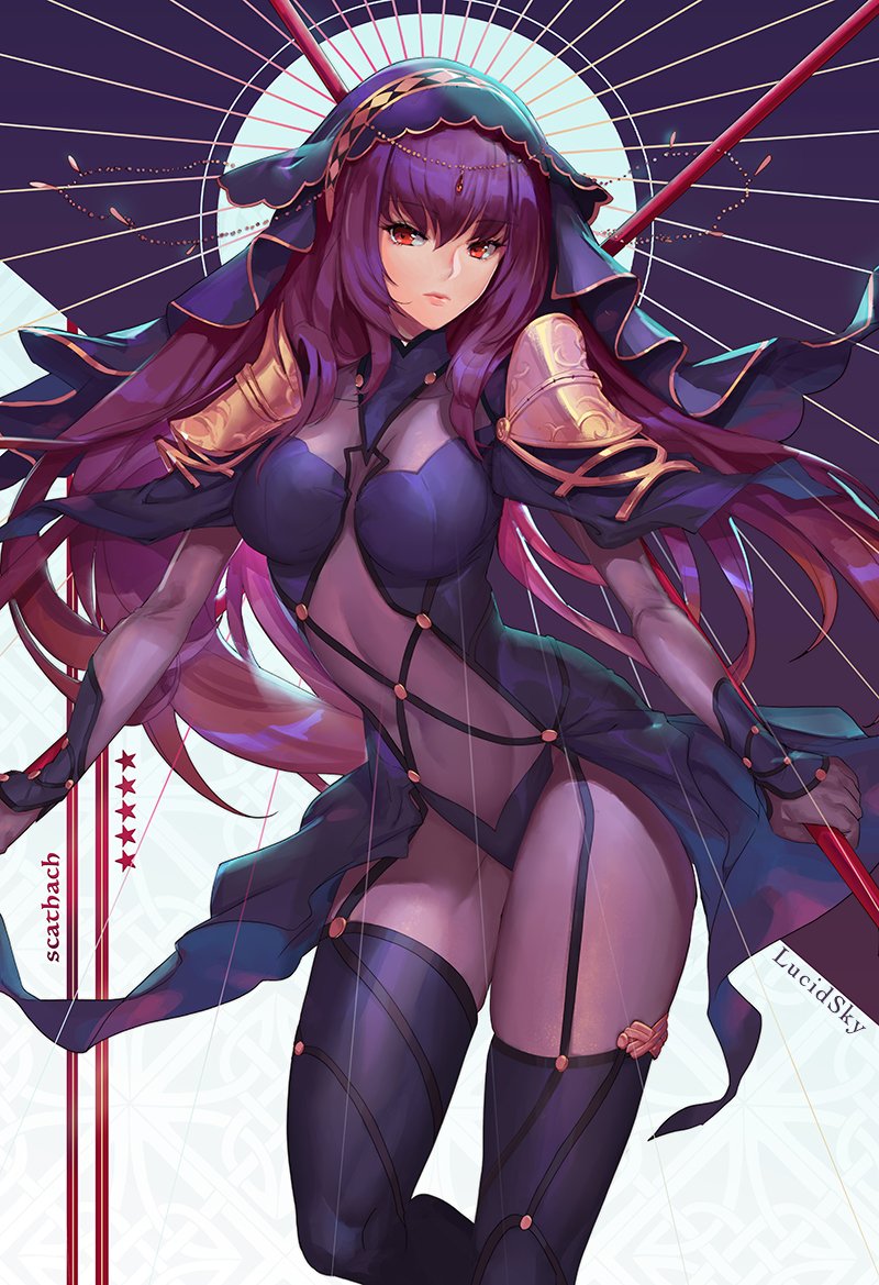 bangs bodysuit breasts closed_mouth commentary covered_navel english_commentary eyebrows_visible_through_hair fate/grand_order fate_(series) gae_bolg hair_intakes hair_ornament holding holding_weapon large_breasts long_hair looking_at_viewer pauldrons pink_lips polearm purple_bodysuit purple_hair red_eyes scathach_(fate)_(all) scathach_(fate/grand_order) shoulder_armor spear standing thighhighs veil weapon yume_ou