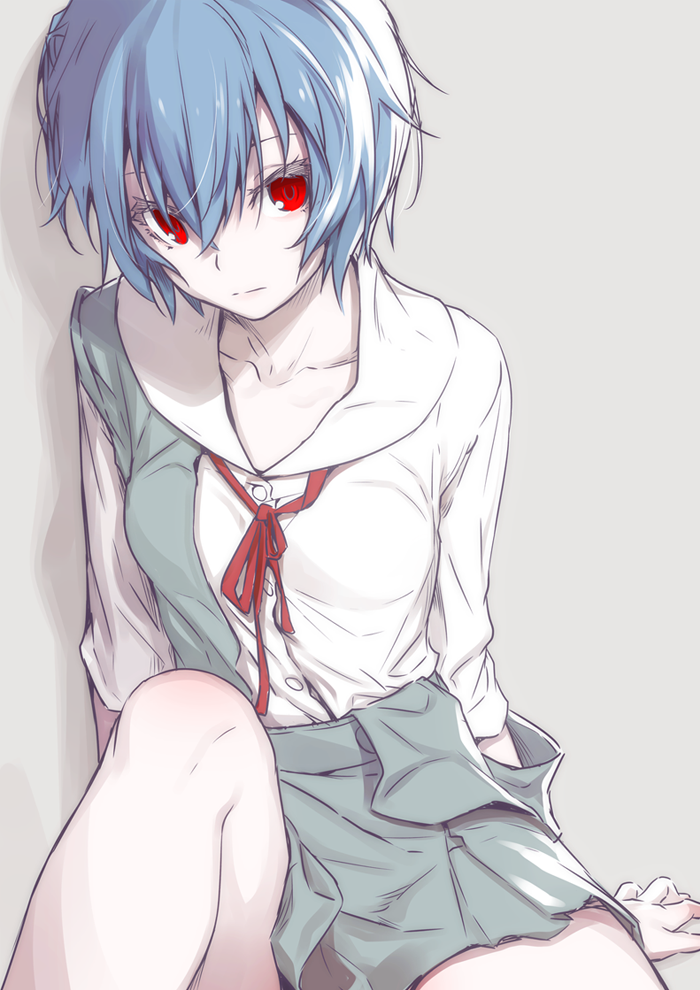 arm_support ayanami_rei blue_skirt breasts collarbone colored_eyelashes commentary_request disconnected_mouth eyelashes knee_up light_blue_hair long_sleeves looking_at_viewer medium_breasts miniskirt neck_ribbon neon_genesis_evangelion nilitsu pale_skin pleated_skirt rebuild_of_evangelion red_eyes red_ribbon ribbon school_uniform shirt shirt_tucked_in short_hair sitting skirt solo suspender_skirt suspenders suspenders_slip very_short_hair white_shirt