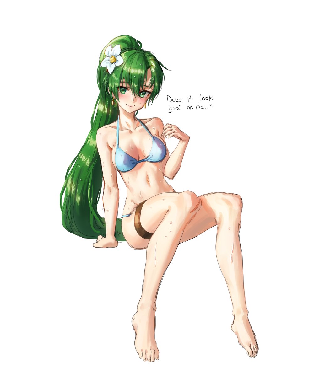athenawyrm barefoot bikini blush breasts cleavage collarbone earrings english fire_emblem fire_emblem:_rekka_no_ken fire_emblem_heroes flower green_eyes green_hair hair_between_eyes hair_flower hair_ornament highres invisible_chair jewelry long_hair looking_at_viewer lyndis_(fire_emblem) medium_breasts navel ponytail simple_background sitting sketch smile solo swimsuit thigh_strap wet white_background