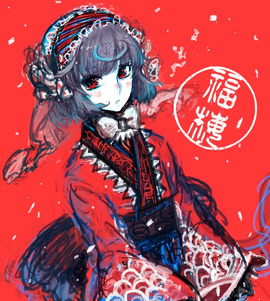 bangs blunt_bangs blush bow bowtie copyright_request fujinozu grey_hair hairband japanese_clothes kimono obi pale_skin red_background red_eyes red_kimono sash short_hair snowing solo veil white_bow wide_sleeves