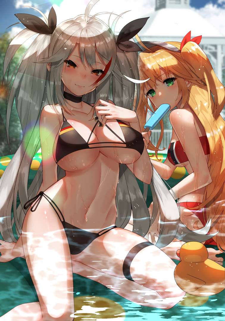 admiral_hipper_(azur_lane) ahoge alternate_costume antenna_hair ass azur_lane bandeau bangs bare_arms bare_shoulders barefoot bikini black_bikini blonde_hair blush breasts choker closed_mouth commentary_request day eyebrows_visible_through_hair feet_out_of_frame flag_print food german_flag german_flag_bikini green_eyes hair_between_eyes hand_on_own_chest hand_up hat headgear holding holding_food iron_cross large_breasts long_hair looking_at_viewer medium_breasts mole mole_on_breast multicolored_hair multiple_girls navel outdoors partially_submerged popsicle prinz_eugen_(azur_lane) red_bikini red_hair rubber_duck shade side-tie_bikini silver_hair sitting smile stomach streaked_hair sukocchi swimsuit thigh_strap thighs two_side_up very_long_hair wading_pool wariza yokozuwari