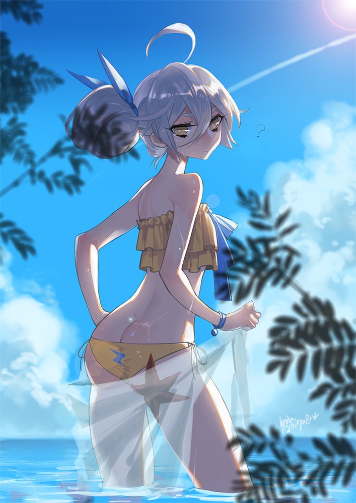 ? ahoge artist_name ass bangs bare_shoulders bikini blurry bracelet butt_crack closed_mouth commentary_request condensation_trail dated day depth_of_field frilled_bikini frills from_behind girls_frontline hair_between_eyes hand_on_hip jewelry lens_flare looking_at_viewer looking_back no_sense_of_shame ocean outdoors pkp_(girls_frontline) side-tie_bikini side_bun signature silver_hair solo starfish swimsuit tsurime wading yellow_bikini yellow_eyes