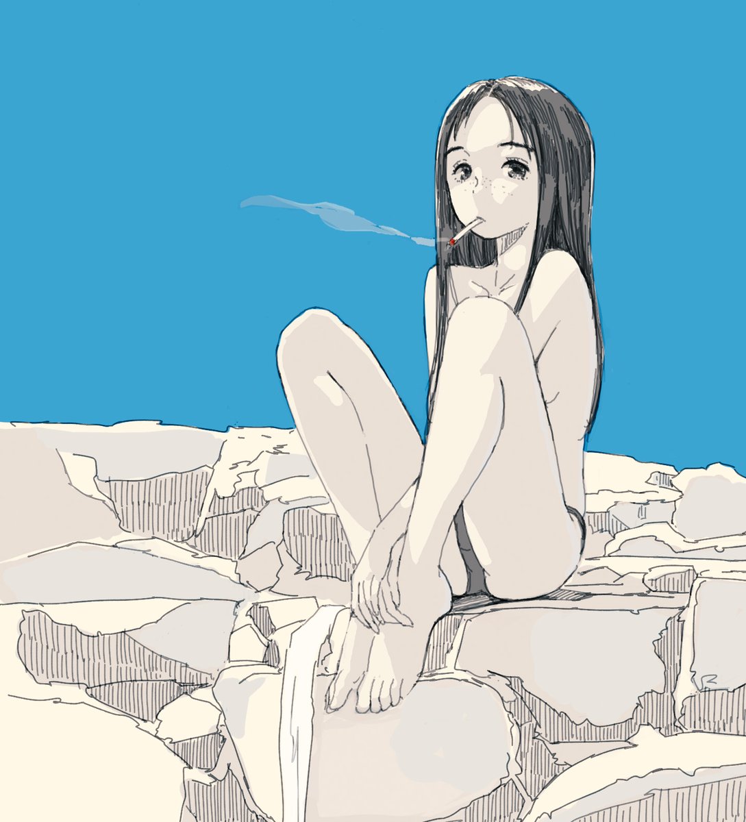 bangs bare_legs barefoot blue_sky cigarette collarbone day emanon_(character) forehead freckles highres kokudou_juunigou long_hair looking_at_viewer memories_of_emanon mouth_hold outdoors panties parted_bangs partially_colored sitting sky smoke smoking solo topless underwear underwear_only very_long_hair