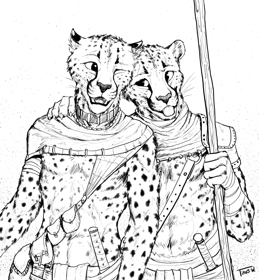 anthro cheetah clothed clothing dagger duo fangs feline greyscale male mammal melee_weapon monochrome one_eye_closed polearm smile spear titusw tongue tongue_out topless weapon whiskers wink