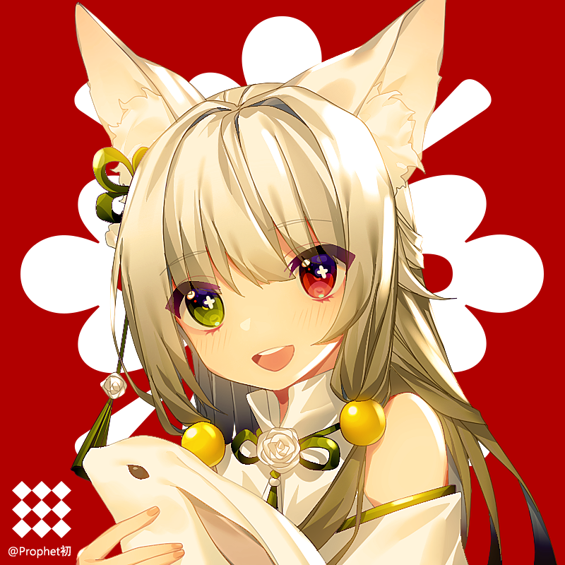 1girl :d animal animal_ears bangs bare_shoulders blush bunny chinese_commentary commentary_request dress eyebrows_visible_through_hair fingernails flower green_eyes hair_between_eyes hair_ornament head_tilt heterochromia holding holding_animal long_hair looking_at_viewer open_mouth original prophet_chu red_background red_eyes revision rose round_teeth silver_hair smile solo teeth twitter_username upper_teeth very_long_hair white_dress white_flower white_rose
