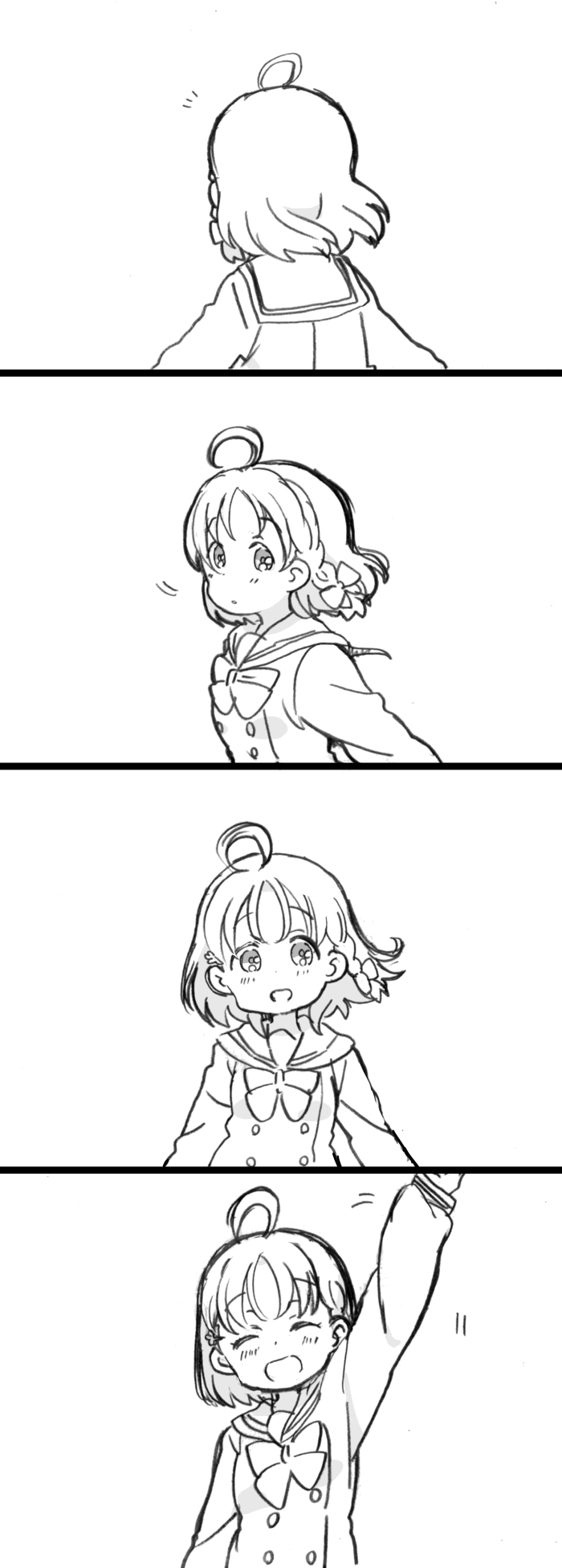 1girl 4koma :d ^_^ ahoge arm_up arms_at_sides bow bowtie braid closed_eyes comic dot_nose expressionless facing_away facing_viewer from_side greyscale hair_ornament hair_ribbon happy highres long_sleeves looking_at_viewer love_live! love_live!_sunshine!! mezashi_(mezamashi_set) monochrome motion_lines open_mouth parted_lips ribbon sailor_collar school_uniform serafuku short_hair side_braid silent_comic simple_background smile takami_chika tareme upper_body uranohoshi_school_uniform waving white_background |d