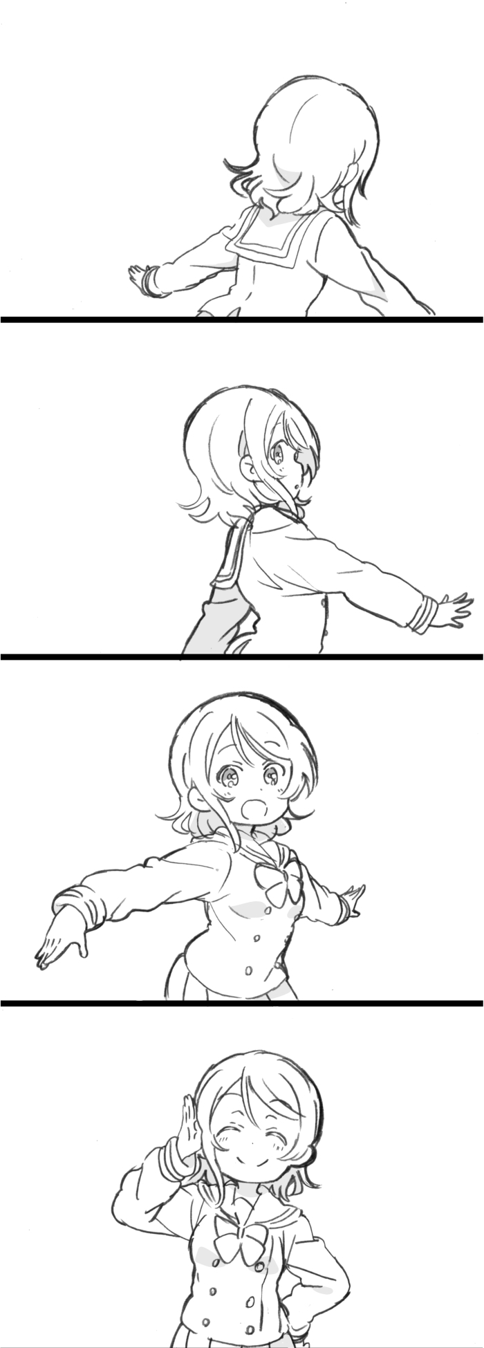 4koma :d ^_^ bow bowtie closed_eyes comic facing_away facing_viewer from_side greyscale hand_on_hip hand_up highres long_sleeves looking_at_viewer looking_back love_live! love_live!_sunshine!! mezashi_(mezamashi_set) monochrome open_mouth outstretched_arms parted_lips pleated_skirt profile ribbon sailor_collar salute school_uniform serafuku short_hair silent_comic simple_background skirt smile spread_arms tareme upper_body uranohoshi_school_uniform watanabe_you white_background