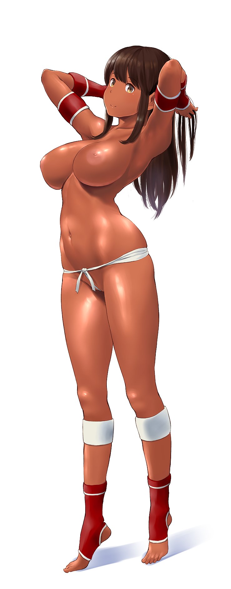 akagi_(kantai_collection) alternate_skin_color areolae armband armpits arms_behind_head arms_up barefoot breasts brown_hair closed_mouth collarbone commentary dark_skin full_body groin hands_in_hair highres inverted_nipples kantai_collection large_areolae large_breasts leaning_back legs_apart long_hair navel nipples red_wristband shiny shiny_skin simple_background smile solo standing stirrup_legwear stomach string_panties tiptoes toeless_legwear toes toned topless tribal wa_(genryusui) white_background wristband yellow_eyes