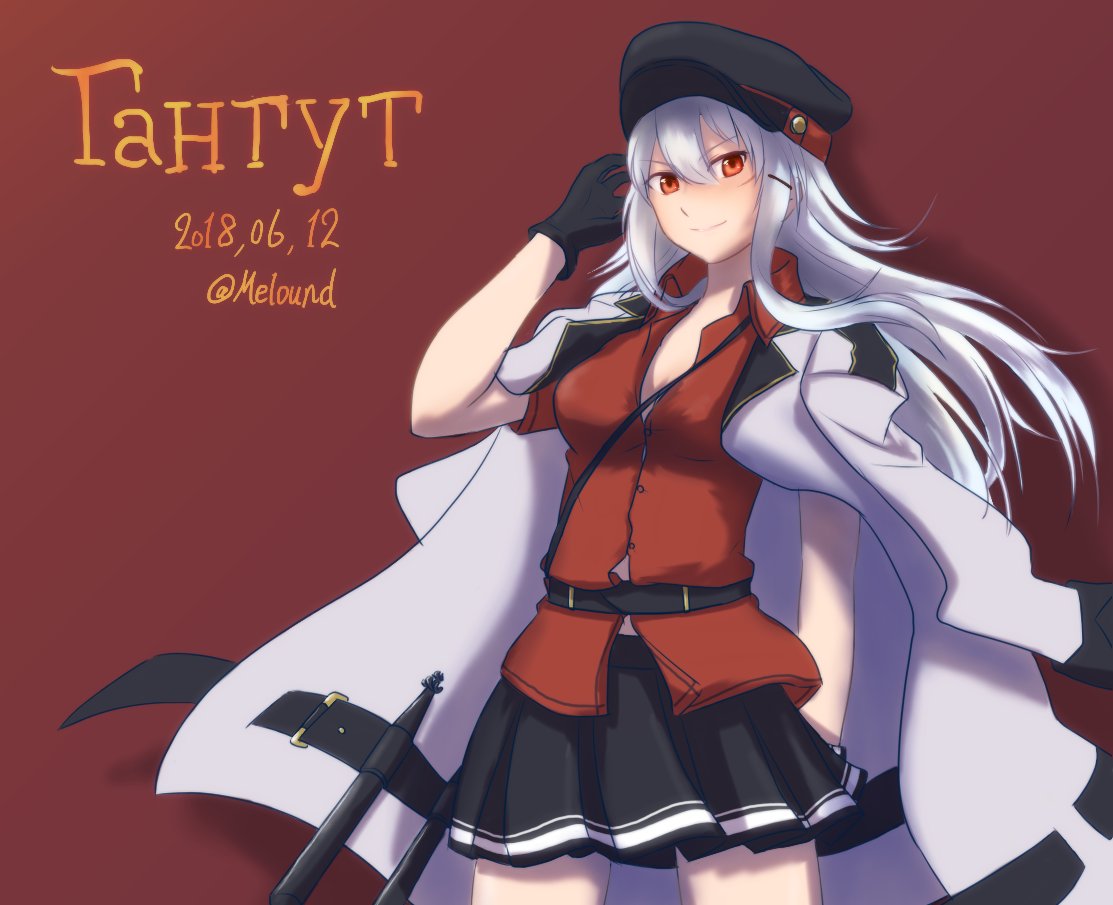 belt black_gloves black_skirt breasts character_name commentary_request cyrillic dated eyebrows_visible_through_hair facial_scar gangut_(kantai_collection) gloves hair_between_eyes hat jacket jacket_on_shoulders kantai_collection long_hair long_sleeves looking_at_viewer medium_breasts melound military military_hat military_uniform miniskirt naval_uniform no_legwear red_background red_eyes red_shirt scar scar_on_cheek shirt silver_hair simple_background skirt smile torpedo twitter_username uniform white_jacket