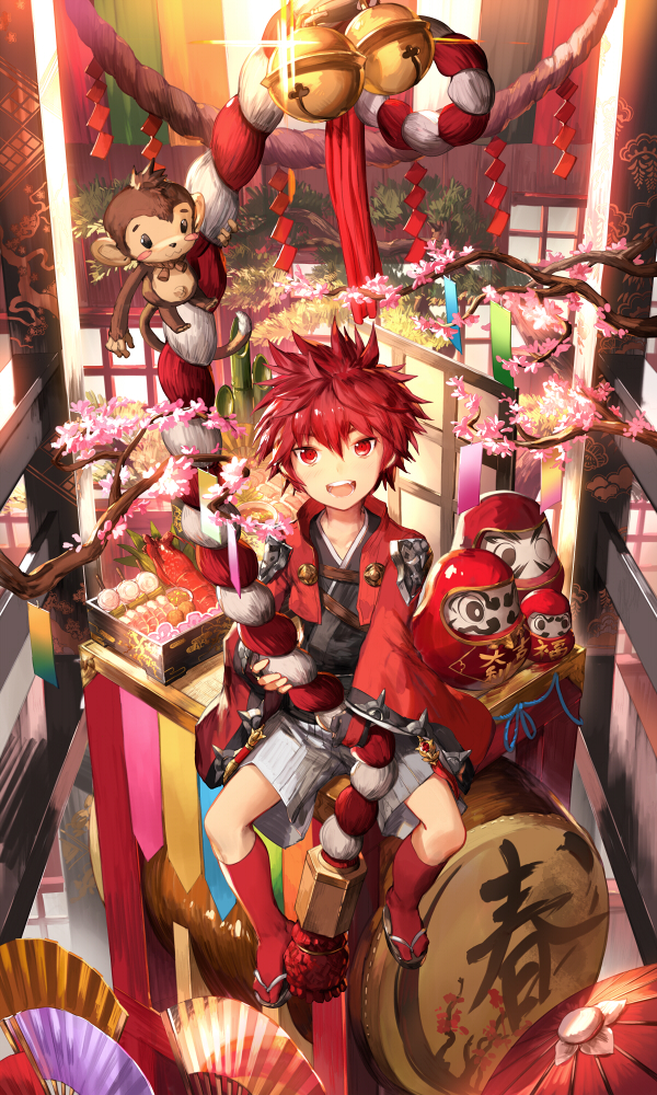 bell cherry_blossoms daruma_doll drum elsword elsword_(character) fan holding instrument monkey obentou red_eyes red_hair rope scorpion5050 shiny sitting traditional_clothes