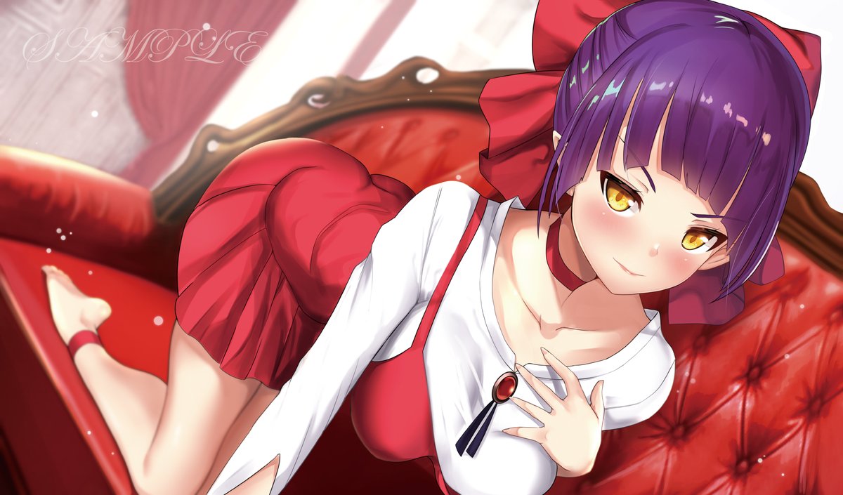 ass bangs bent_over blunt_bangs blush bow choker couch dress gegege_no_kitarou half-closed_eyes hand_on_own_chest long_sleeves nekomusume nekomusume_(gegege_no_kitarou_6) on_couch pointy_ears purple_hair red_bow red_dress shirt solo strap_slip untsue white_shirt yellow_eyes