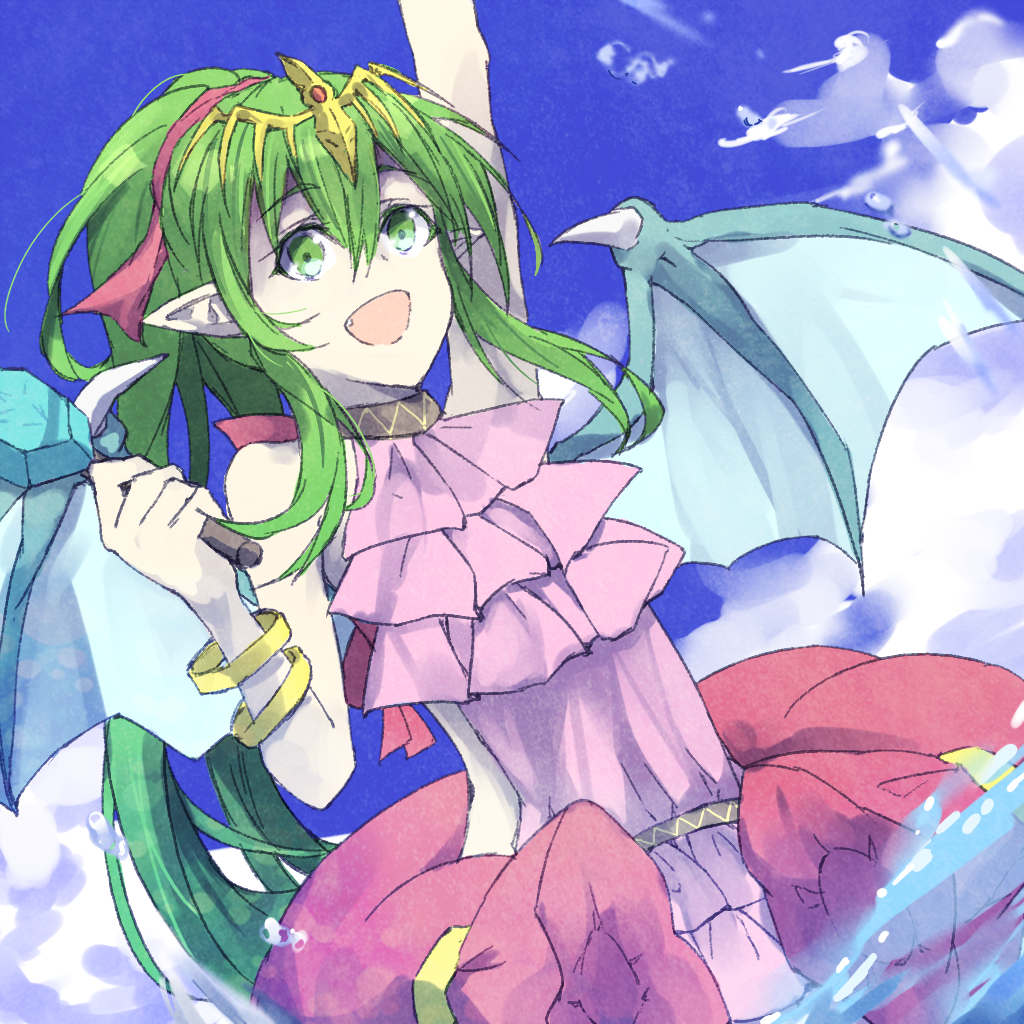 arm_up blue_sky bracelet chiki cloud commentary day dragon_wings fire_emblem fire_emblem:_monshou_no_nazo fire_emblem_heroes food green_eyes green_hair hair_ribbon jewelry long_hair mamkute open_mouth pink_swimsuit pointy_ears ponytail popsicle ribbon riyru4l sky solo swimsuit tiara wings