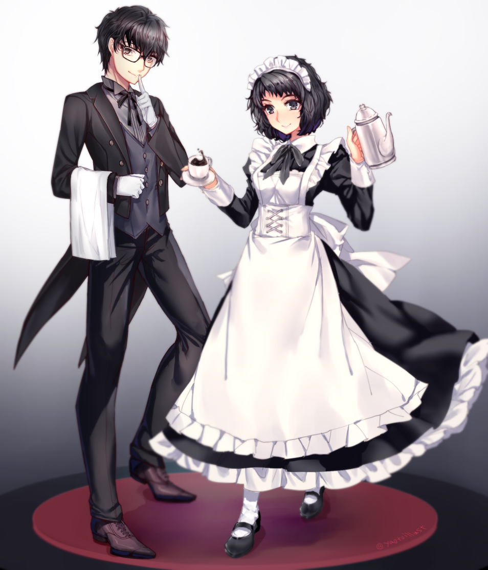1girl alternate_costume amamiya_ren apron butler commentary cup curly_hair finger_to_mouth formal glasses gloves kawakami_sadayo long_skirt looking_at_viewer maid maid_apron maid_headdress neck_ribbon open_mouth persona persona_5 ribbon short_hair simple_background skirt smile tea_kettle teacup waistcoat white_gloves yaoto