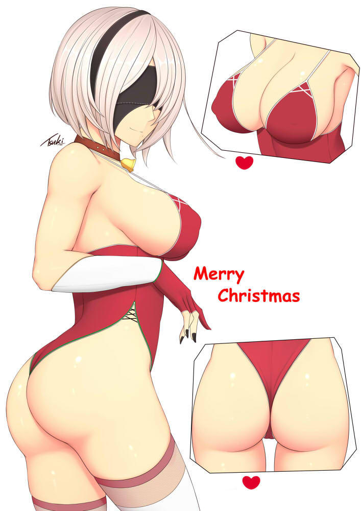 1girl bare_shoulders bell black_blindfold black_hairband blindfold breasts cleavage covered_eyes gloves hairband heart large_breasts merry_christmas multiple_views nier_(series) nier_automata red_clothes red_gloves ryu_seung short_hair signature simple_background smile solo white_background white_hair yorha_no._2_type_b