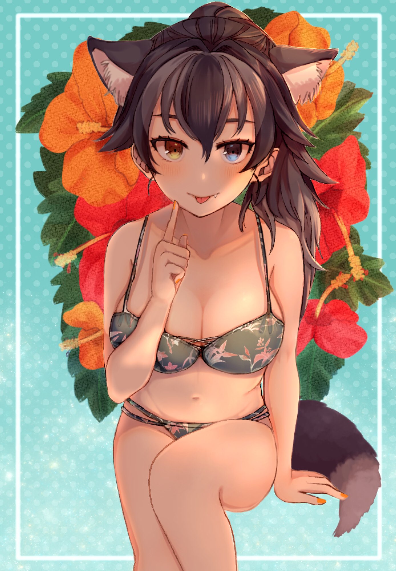:p ancolatte_(onikuanco) animal_ears arm_at_side bare_arms bare_legs bare_shoulders bikini black_hair blue_eyes breasts brown_eyes cleavage closed_mouth collarbone commentary cowboy_shot dotted_background extra_ears fang fang_out fingernails floral_background floral_print grey_hair grey_wolf_(kemono_friends) hair_between_eyes hand_up heterochromia highres index_finger_raised kemono_friends long_hair looking_at_viewer multicolored_hair nail_polish navel ponytail print_bikini red_nails sidelocks sitting smile solo stomach strap_gap swimsuit symbol_commentary tail tongue tongue_out two-tone_hair wolf_ears wolf_girl wolf_tail